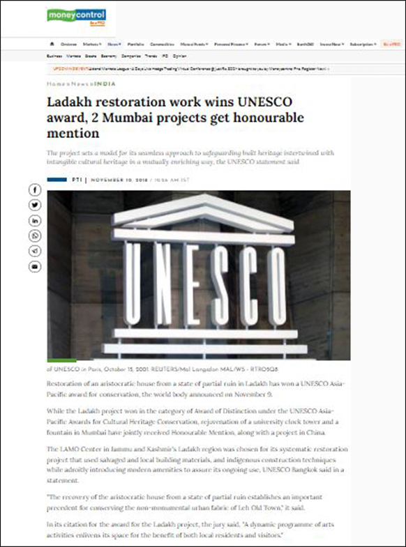 Ladakh restoration work wins UNESCO award, 2 Mumbai Projects get honourable mention, Money control